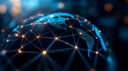 A digital representation of global network connectivity with illuminated data points and connecting lines spanning across the globe, highlighting the interconnectivity of modern technology.