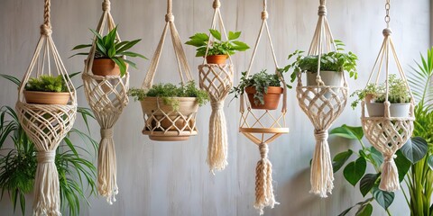 Handmade cotton macrame plant hangers hanging from wood branch with pots and plants