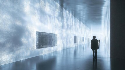 Fototapeta premium Digital art gallery, with interactive walls, holographic displays, and minimalist design, 3D architecture