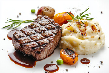 The steak is shown with a rich mushroom sauce serve on white plate, paired with crispy onion rings. Splashes of sauce and onion elements 