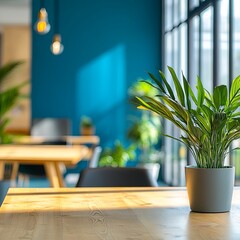Blur background of modern office lounge decorated with blue walls, wooden table, glass partitions, and plants. Contemporary workplace design concept. Design for poster, wallpaper, banner. Spate.