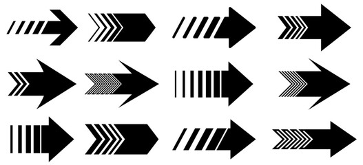 A collection of bold geometric arrow icons with a mix of striped and solid designs, perfect for modern digital navigation and visual direction. Vector illustration.