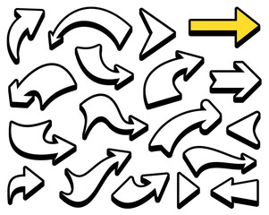 Vector illustration of multiple black arrow icons with a highlighted yellow arrow, perfect for modern design and navigation elements.