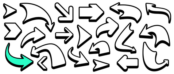 Vector illustration of diverse arrow icons in bold black and teal accents, ideal for modern designs and interfaces.