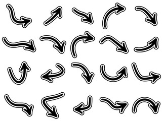 Vector illustration of a set of black curved arrow icons featuring bold white outlines and smooth directional designs.
