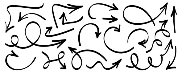 A diverse collection of hand-drawn arrows in various styles and directions. Vector illustration.
