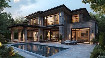 Modern house with a pool and landscaped surroundings at dusk.