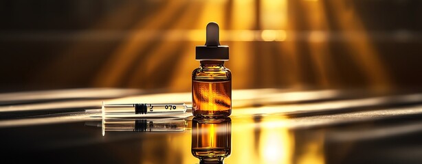 OPV Vaccine dose Glass dropper bottle filled with golden liquid, illuminated by soft light rays, ideal for wellness and beauty concepts., OPV Vaccine dose concept background.