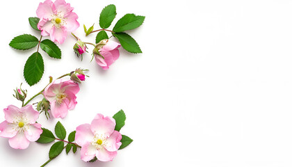 Obraz premium Rosehip flowers with leaf isolated on white background