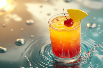 The image of Margarita, Espresso Martini, Cosmopolitan, Manhattan  cocktail in a modern coupe glass, in an old-fashioned glass, positioned in the center of a vibrant background. 