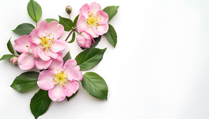 Obraz premium Rosehip flowers with leaf isolated on white background