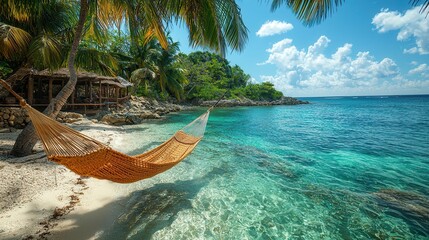 Serene Relaxation in a Hammock on a Tropical Island Paradise with Clear Turquoise Waters and Swaying Palm Trees