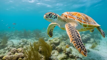 Obraz premium Majestic Sea Turtle Gliding Gracefully Through Crystal Clear Turquoise Waters Above a Vibrant Coral Reef, Surrounded by a Diverse Array of Marine Life in a Tropical Ocean Paradise