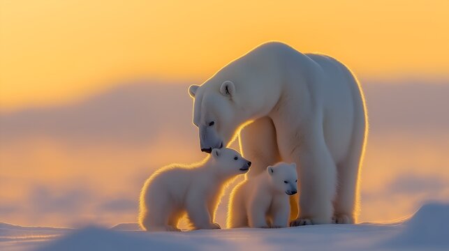 Intimate Scene of a Polar Bear Mother Tenderly Nuzzling Her Two Young Cubs on the Frozen Arctic Tundra at Sunset, Bathed in the Warm Glow of the Golden Hour - Powered by Adobe