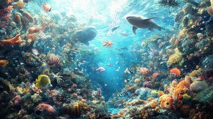 Obraz premium A vibrant underwater scene teeming with colorful marine life and coral formations.