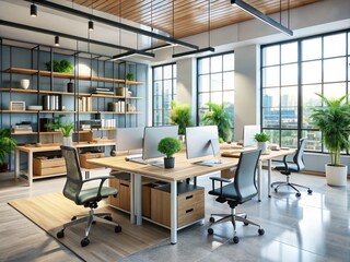 Modern office space with sleek, ergonomic chairs, minimalist desks, and functional shelving units, conveying a sense of productivity and innovative global workspace solutions.