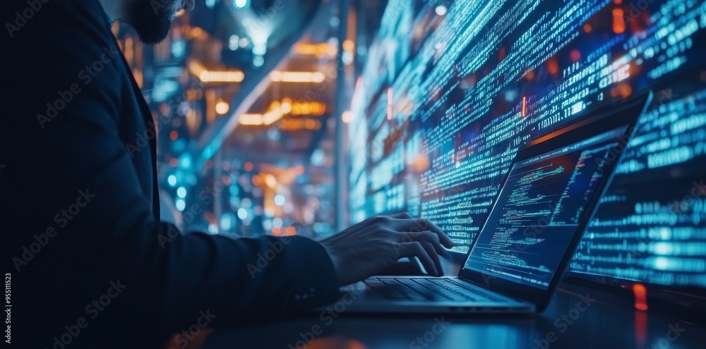 Poster using ai technology to analyze data, code with a digital brain, use machine learning on the screen, 