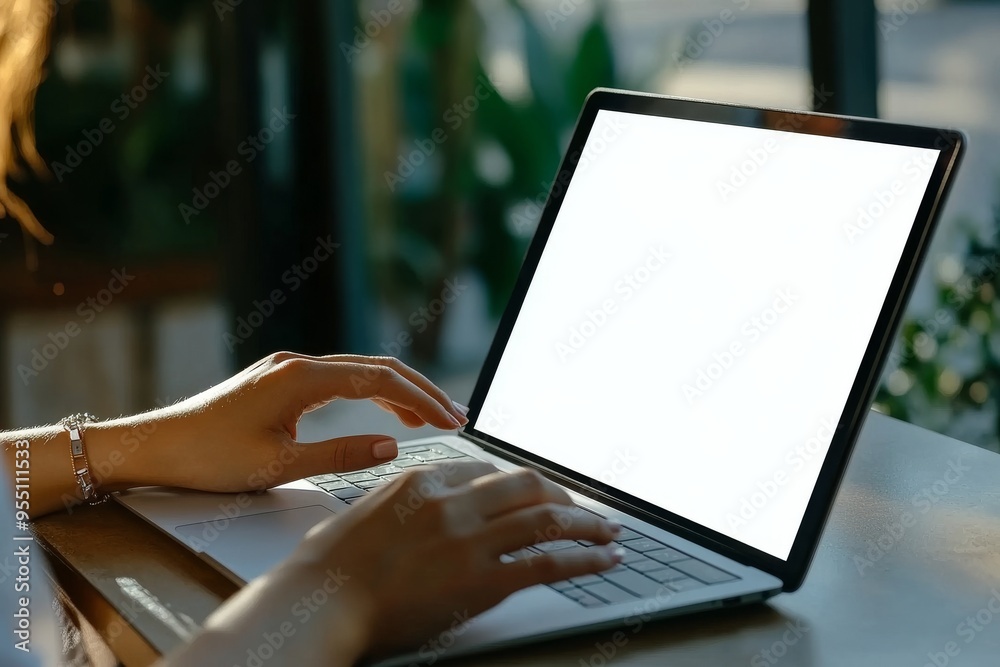 Poster using a laptop computer with a blank screen at home, woman using a laptop computer with a blank scre