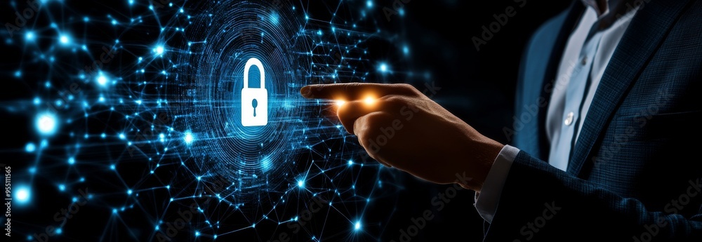 Poster putting a digital padlock on a virtual interface to protect personal data, a businessman touching th