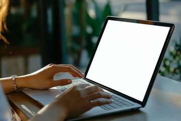 Using a laptop computer with a blank screen at home, woman using a laptop computer with a blank screen