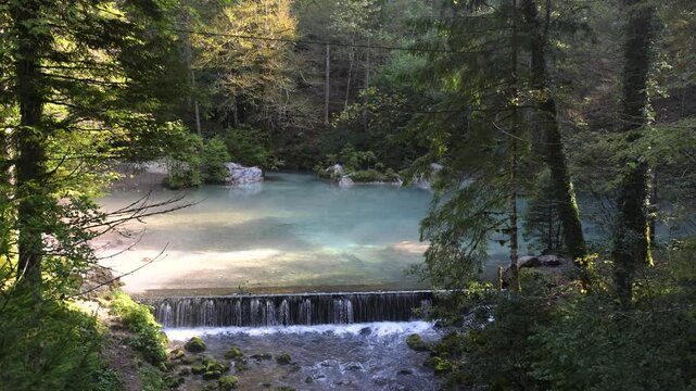 Fresh Clean Water Flowing Down a Small Waterfall in a Forest at Kamni&scaron;ka Bistrica Spring