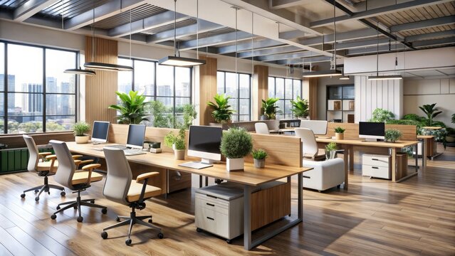 Modern open-plan office space features sleek, customizable modular furniture systems with ergonomic chairs, desks, and storage units in a collaborative and productive work environment.