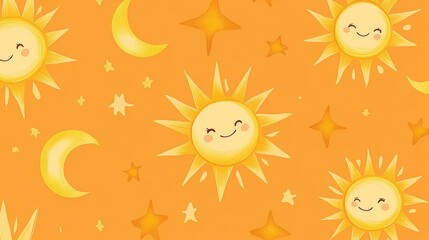Bright and cheerful sun pattern with smiling faces and whimsical stars, perfect for cheerful designs and children's themes.