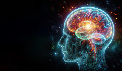 Hologram of the brain. Wireframe glowing low poly design on dark background, healthy brain concept