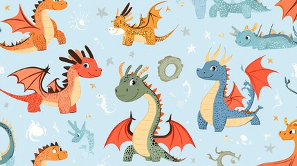 Obraz premium Colorful and playful dragon pattern perfect for children's decor, textiles, and whimsical designs.