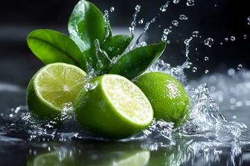 Fresh limes and leaves with water splash.
