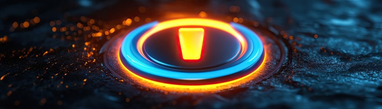 Glowing power button icon, with a metallic finish and subtle reflections, 3D icon