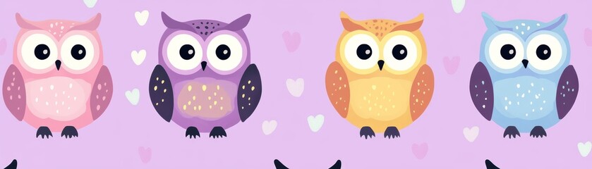 Obraz premium Colorful cartoon owls on a soft pink background, perfect for children's designs, party invitations, and playful decor.