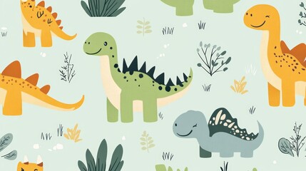 Colorful dinosaur patterns with playful designs, perfect for children's decor, clothing, or educational materials.
