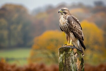 A striking image of a common buzzard perched on a wooden post in a rural landscape.