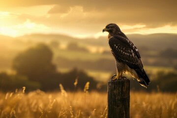 Fototapeta premium A striking image of a common buzzard perched on a wooden post in a rural landscape.