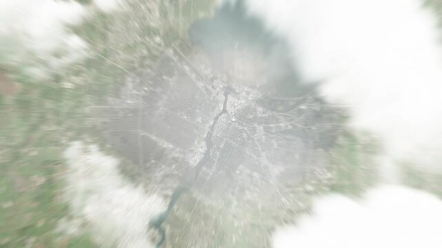 Earth zoom in from space to Green Bay, Wisconsin, USA. Followed by zoom out through clouds and atmosphere into space. Satellite view. Travel intro. Images from NASA