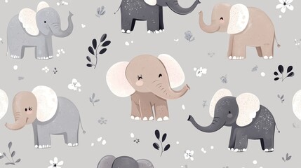 Cute and playful elephants on a soft grey background, perfect for children's decor, textiles, or educational materials.