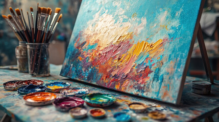 Artistic Painting,  A colorful abstract painting on canvas displayed alongside brushes and paint on a table, showcasing the creative process