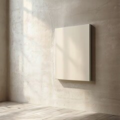 Minimalist interior canvas mockup with a blank canvas against a neutral wall. Perfect for displaying artwork or posters in a modern, clean space.