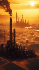 Naklejka premium Industrial landscape at sunset, featuring smokestacks and silhouettes of factories, highlighting the beauty of urban development.