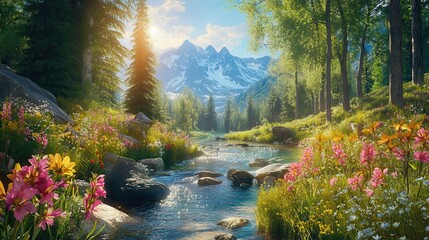 An alpine forest with vibrant flowers blooming along a crystal-clear mountain stream