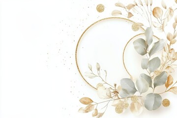 Elegant golden circle frame with eucalyptus leaves and gold glitter on white background.