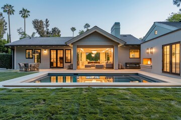 Back patio and pool area of a light gray craftsman style home in Malibu with lush green grass, small rectangular pool, large windows, palm trees, and neighboring house.