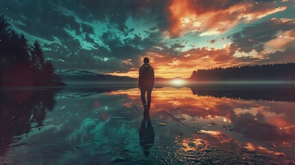 A lone figure stands in the middle of a lake, gazing out at a breathtaking sunset.