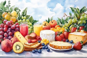 A cheerful breakfast scene with a variety of fruits, cheeses, and bread, vibrant watercolor spread, Continental Breakfast, Bright morning assortment