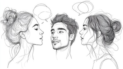 Illustration of three diverse faces in profile, displaying expressive features and conversation bubbles, perfect for creative projects.