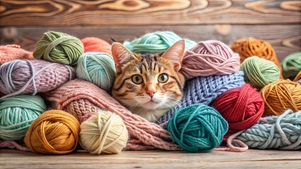 Funny cat getting ready for winter by hiding in a pile of woolen yarn at home