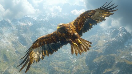 Majestic eagle soaring above mountain range with wings spread wide, scanning landscape below