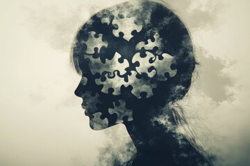 Creative thinking Mind Silhouette of a womans head with puzzle pieces forming clouds symbolizing fragmented memories and the ephemeral nature of thoughts