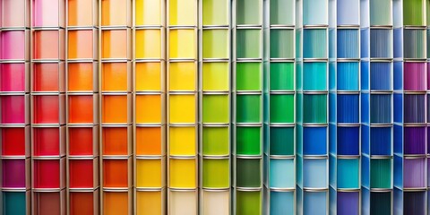 Colorful paint samples in a row with various shades and tones